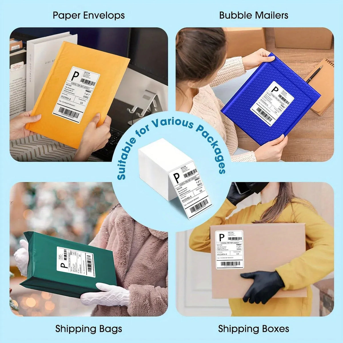 Direct thermal shipping labels on envelopes, mailers, and boxes with barcodes