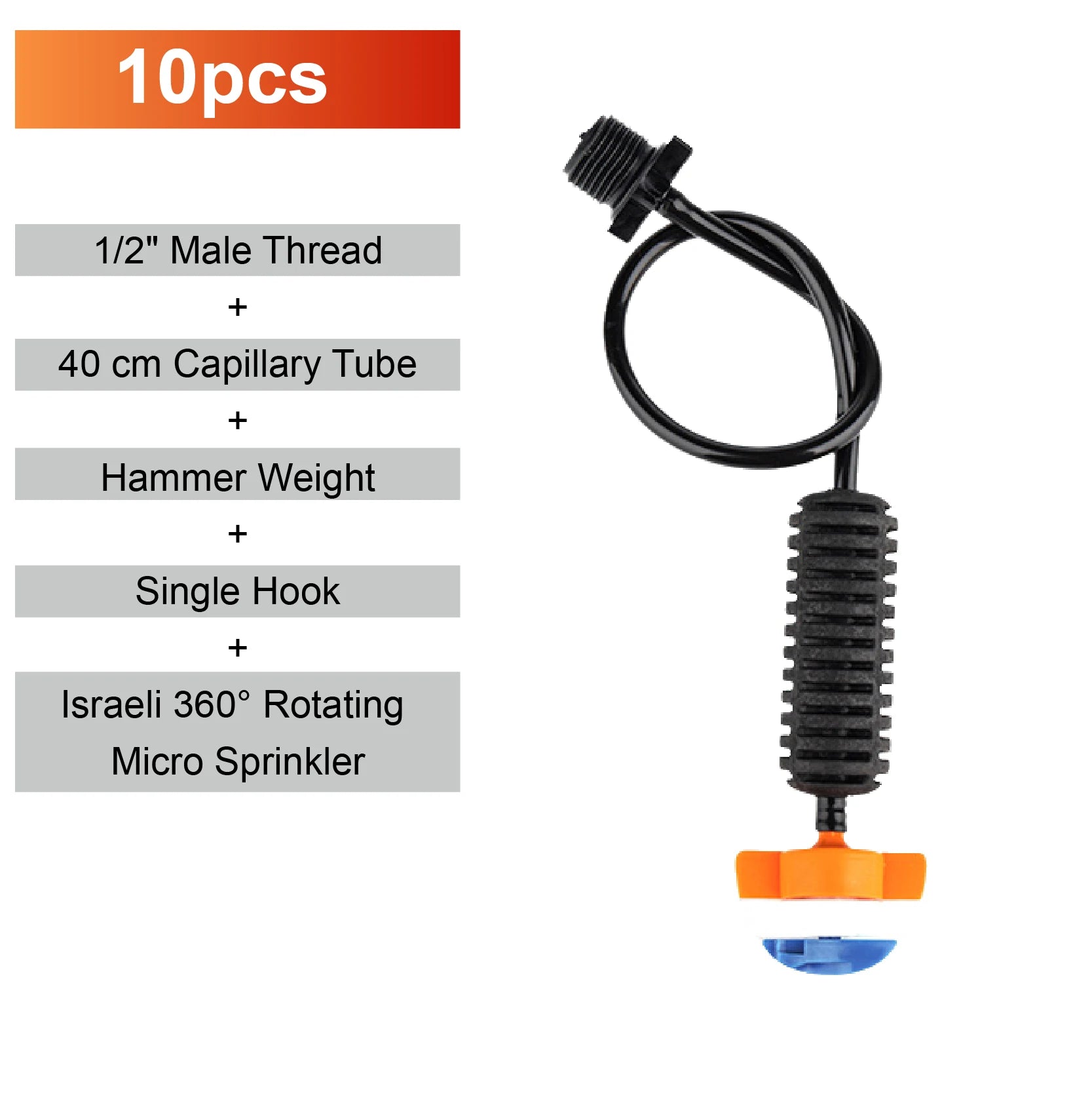 360 rotating micro sprinkler with black ribbed body and orange base, with connected hose