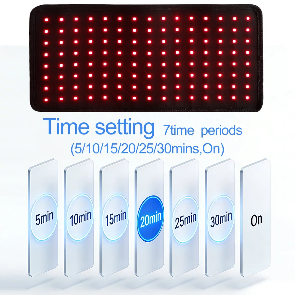 Red light therapy waist belt with 120 LEDs for back pain relief, body shaping, and adjustable timer settings display.
