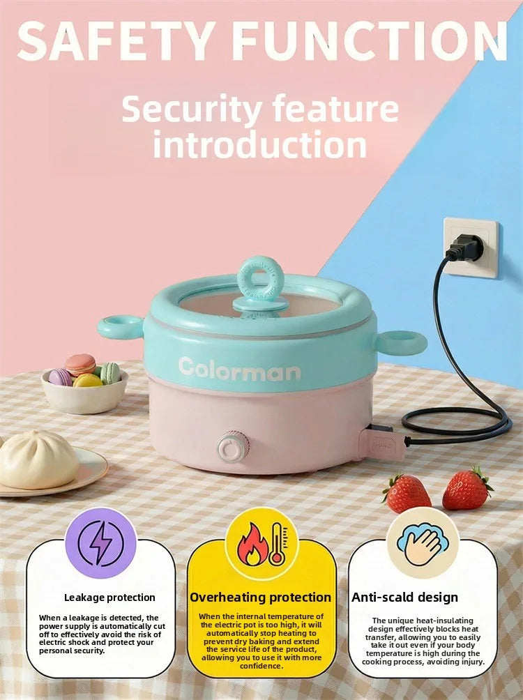 Pink electric cooking pot with dual handles and lid, with power and safety icons