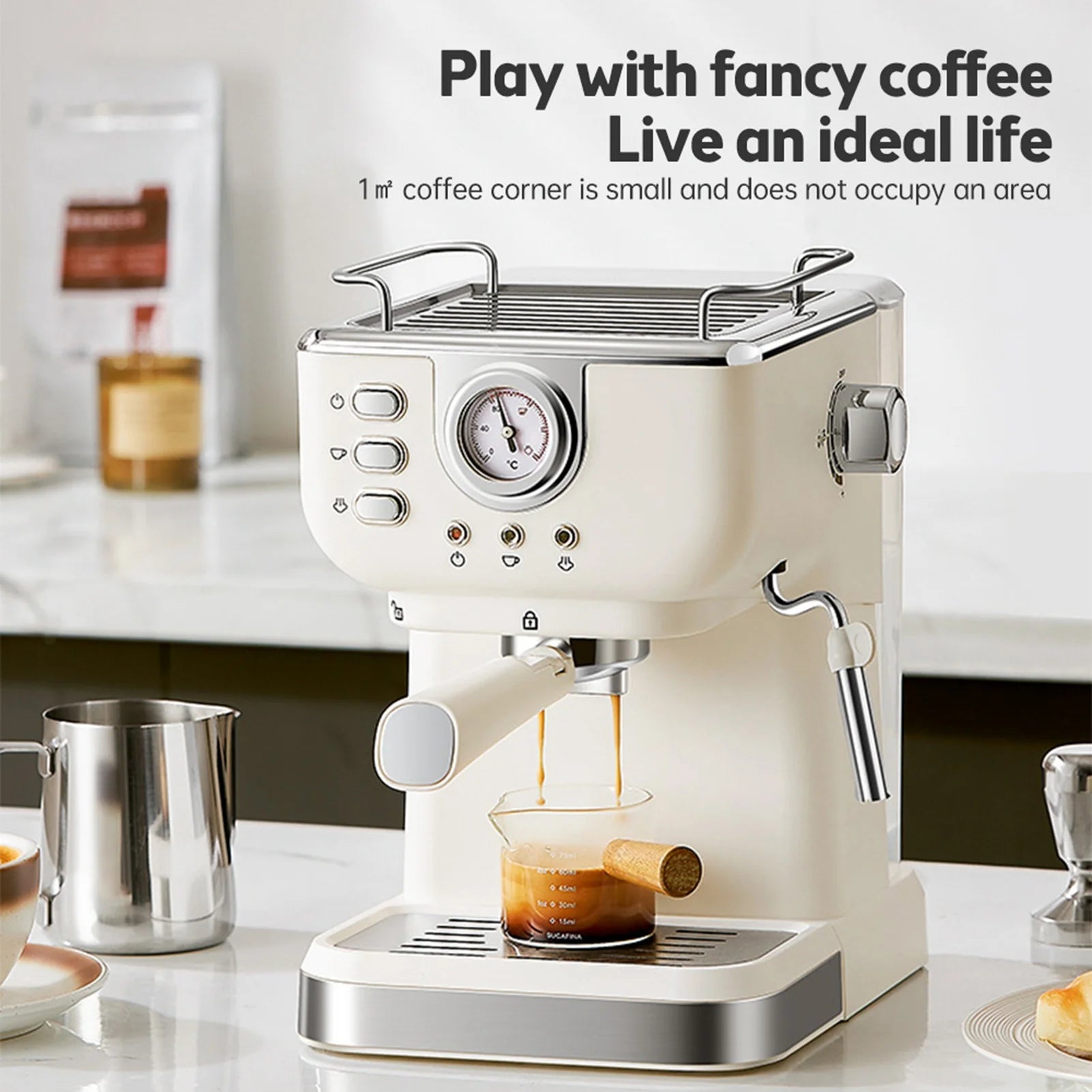 Cream-colored compact espresso machine with built-in pressure gauge and chrome accents brewing coffee.