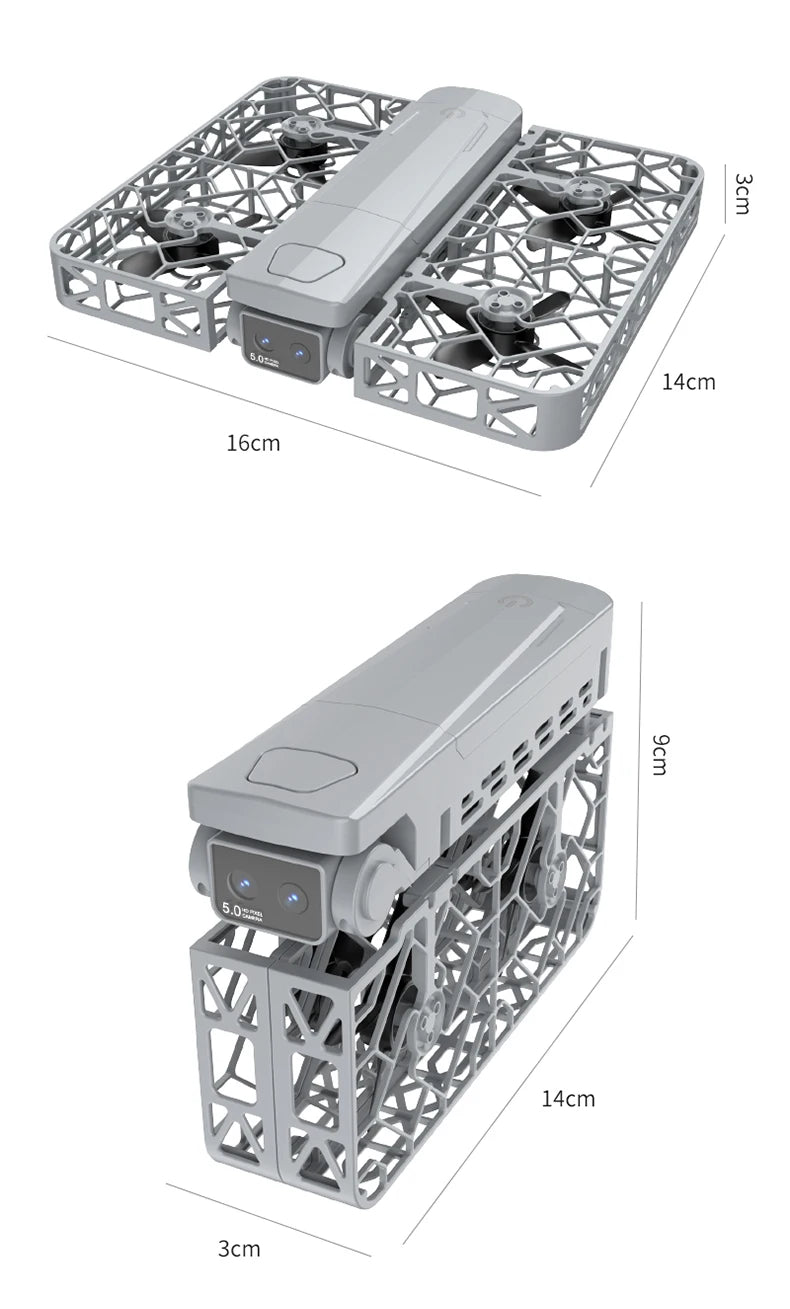 Light gray foldable drone with protective cage frames and a 5MP camera, shown in open and folded configurations.