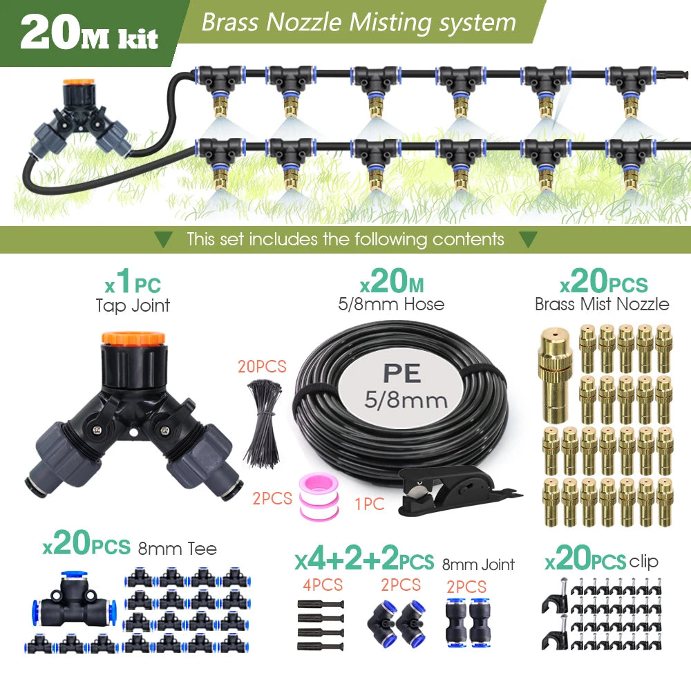 30-5M Outdoor Garden Adjustable Brass Nozzle Atomizer Kit 5/8mm Hose Nebulization Humidification Cool Watering System Lawn Spray