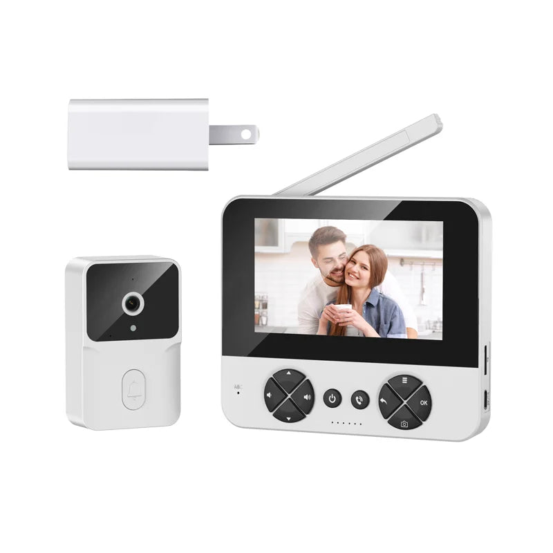 Wireless video doorbell system with white monitor, outdoor camera, and charging dock