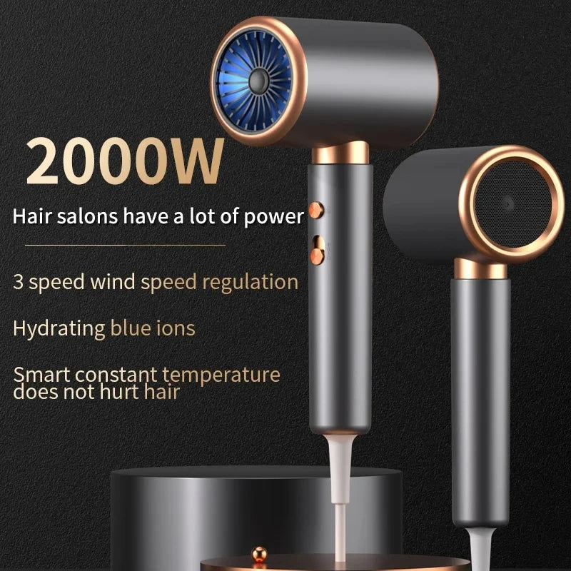 2000W professional ionic hair dryer in grey and gold with 3 speed settings for fast, salon-quality blowout styling.