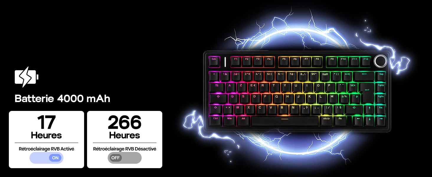 ISO-FR Layout AULA F75 75% AZERTY French Layout Wired/Bluetooth/2.4G Wireless Mechanical Gaming Keyboard RGB Backlighting 4000mAh Battery For Win/Mac