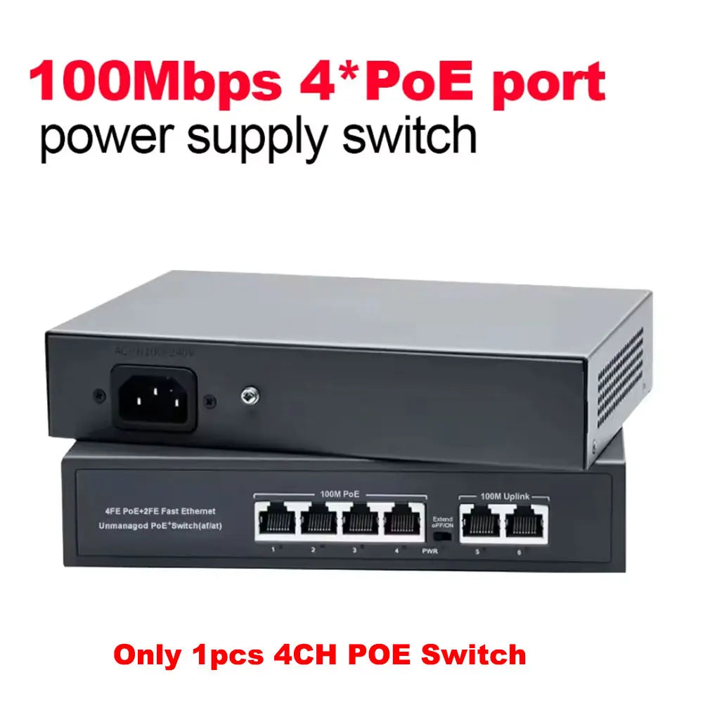 4-port PoE Ethernet power supply switch with network ports and power socket