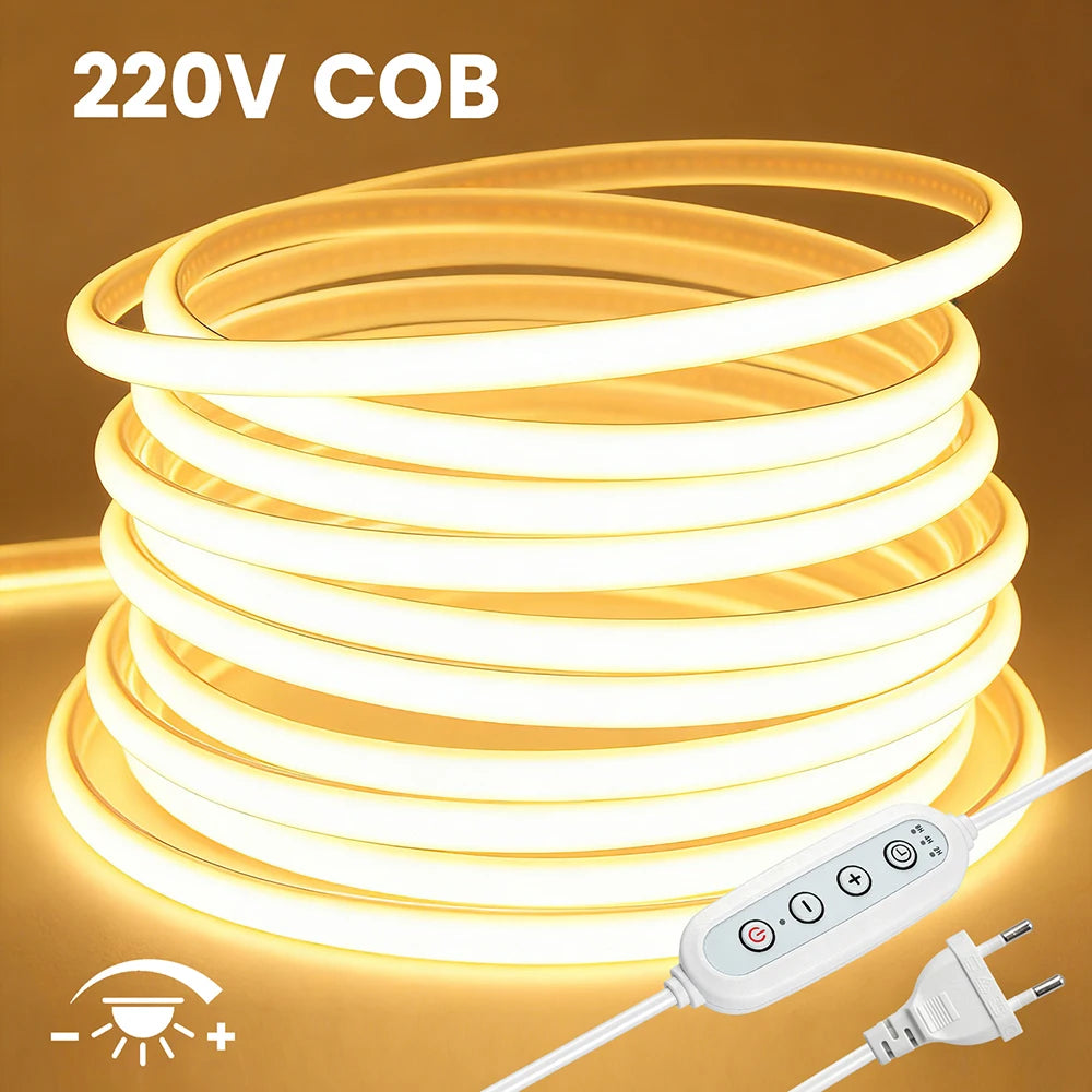 Dimmable 220V COB LED Neon Strip Light 4key Controller EU Plug Flex Tube 3000K 4000K 6000K for Staircase Bar Counter Lighting