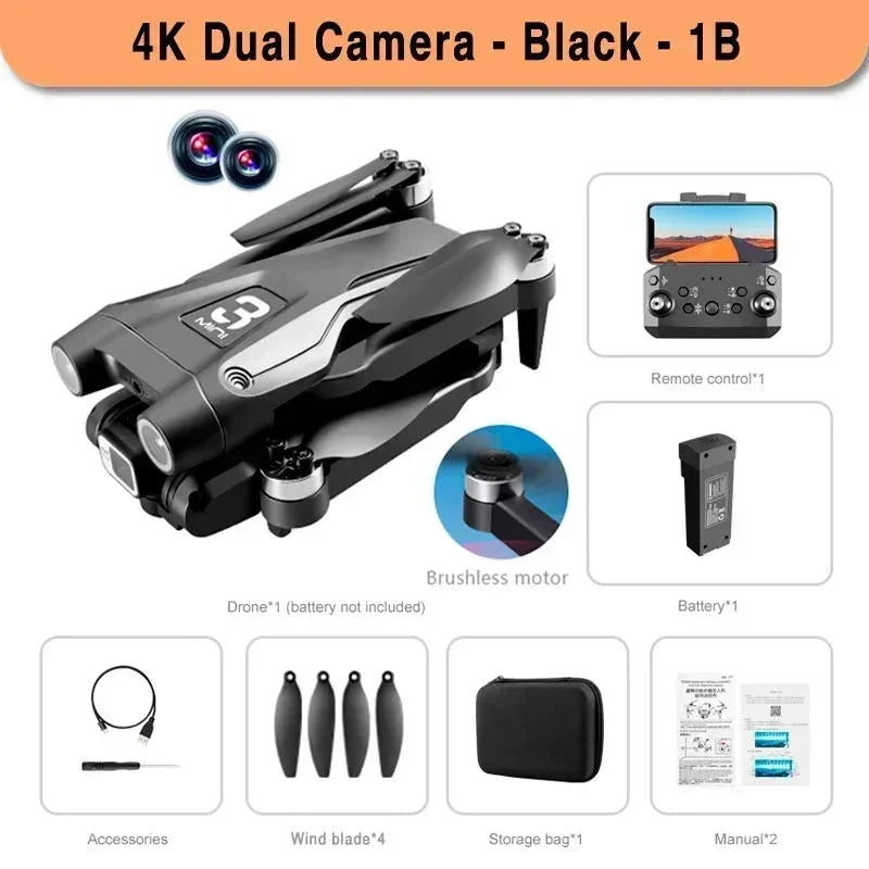 8K Camera Drone Foldable Quadcopter with Obstacle Avoidance | Tidesmit Black Dual-4K-1B Tidesmit