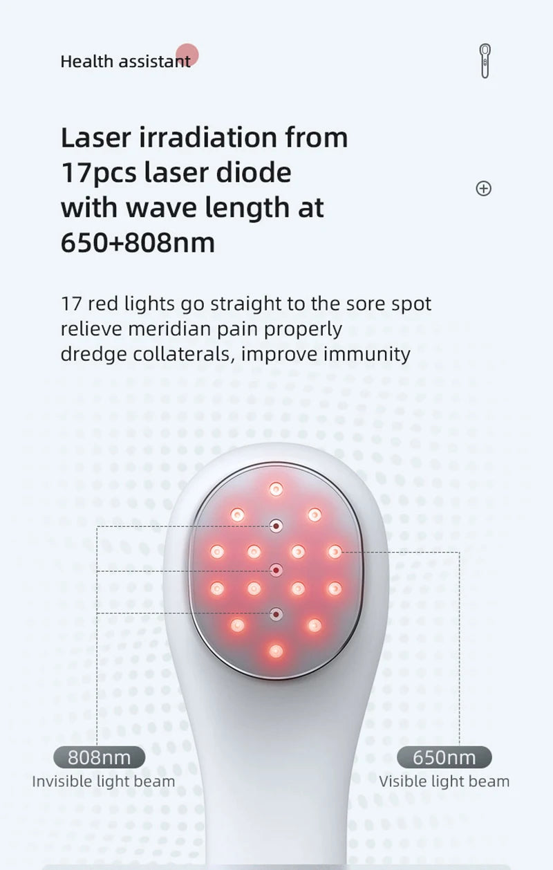 Handheld infrared cold laser therapy device with 17 red light diodes for pain relief and physical treatment.