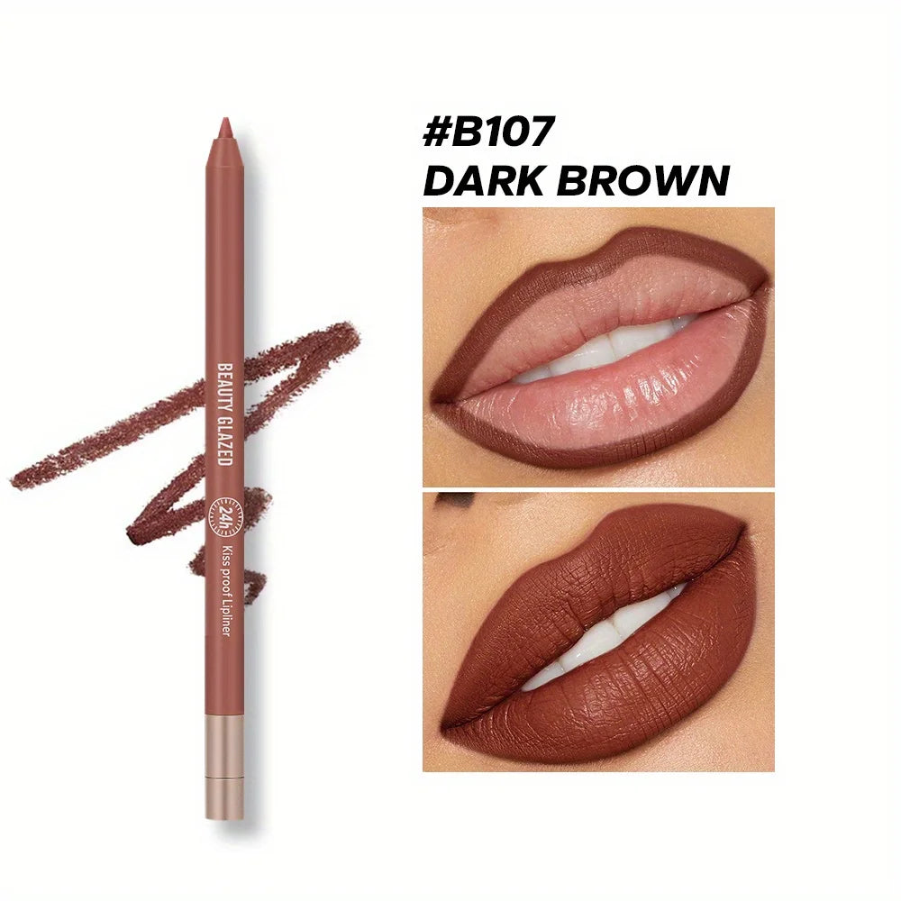 Beauty Glazed matte dark brown lip liner pencil #B107 for long-wear, waterproof, high-pigment lip shaping makeup.