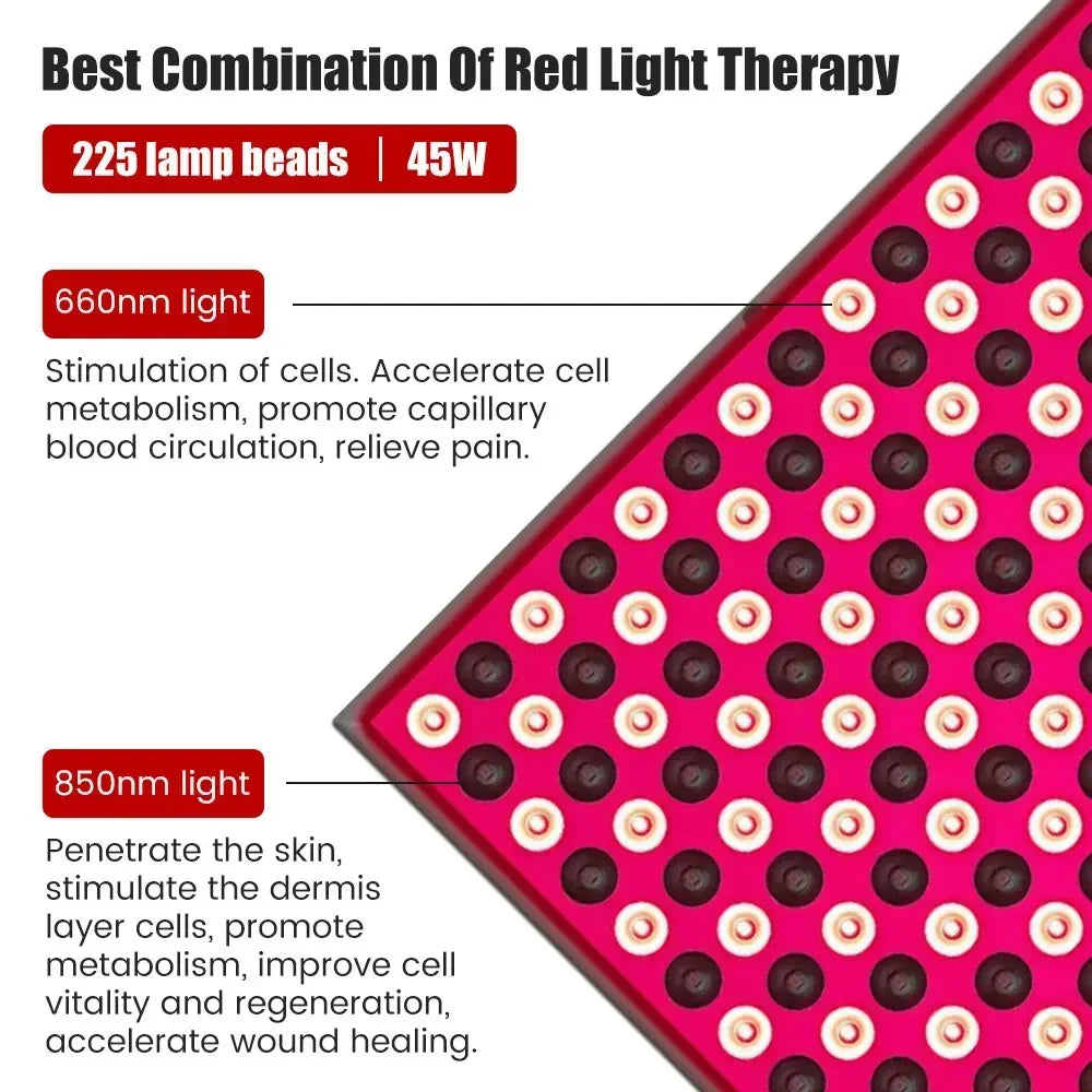 225-LED Red Light Therapy Panel 660nm & 850nm Professional Body & Facial Treatment for Anti-Aging Skin Rejuvenation Pain Relief