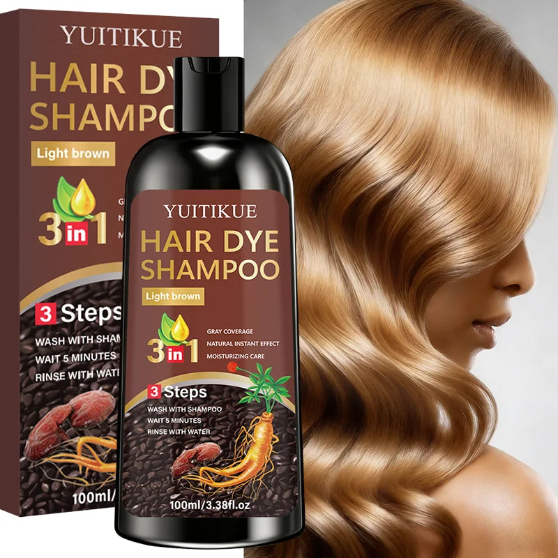 YUITIKUE 3-in-1 Hair Dye Shampoo - Light Brown, Gentle Plant Formula, Easy To Use At Home, Moisturizes Hair, 100ml