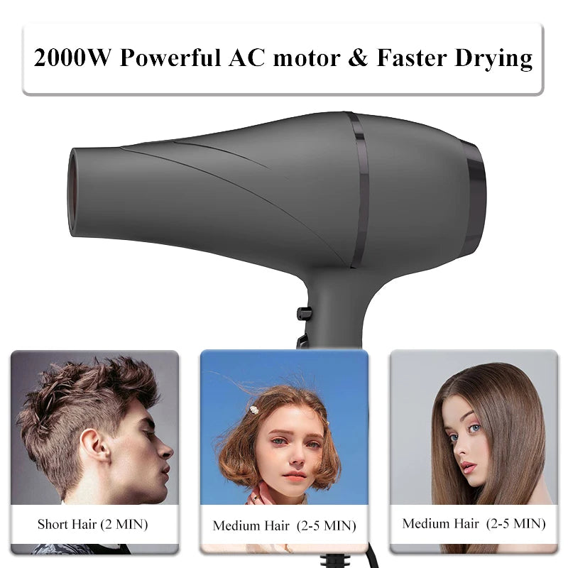 Matte grey 2000W professional high-speed hair dryer for fast salon-quality drying for all hair types.