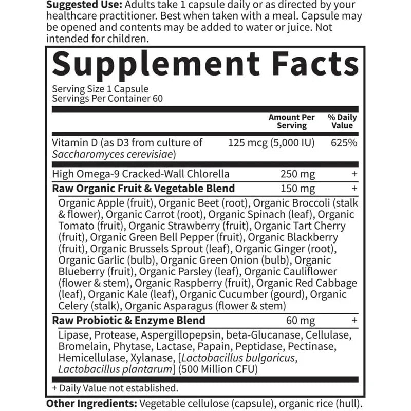 Vitamin D 5000 Iu Capsules, Containing Chlorella Vulgaris, Fruits, Vegetables, And Probiotics, Promote Bone And Immune