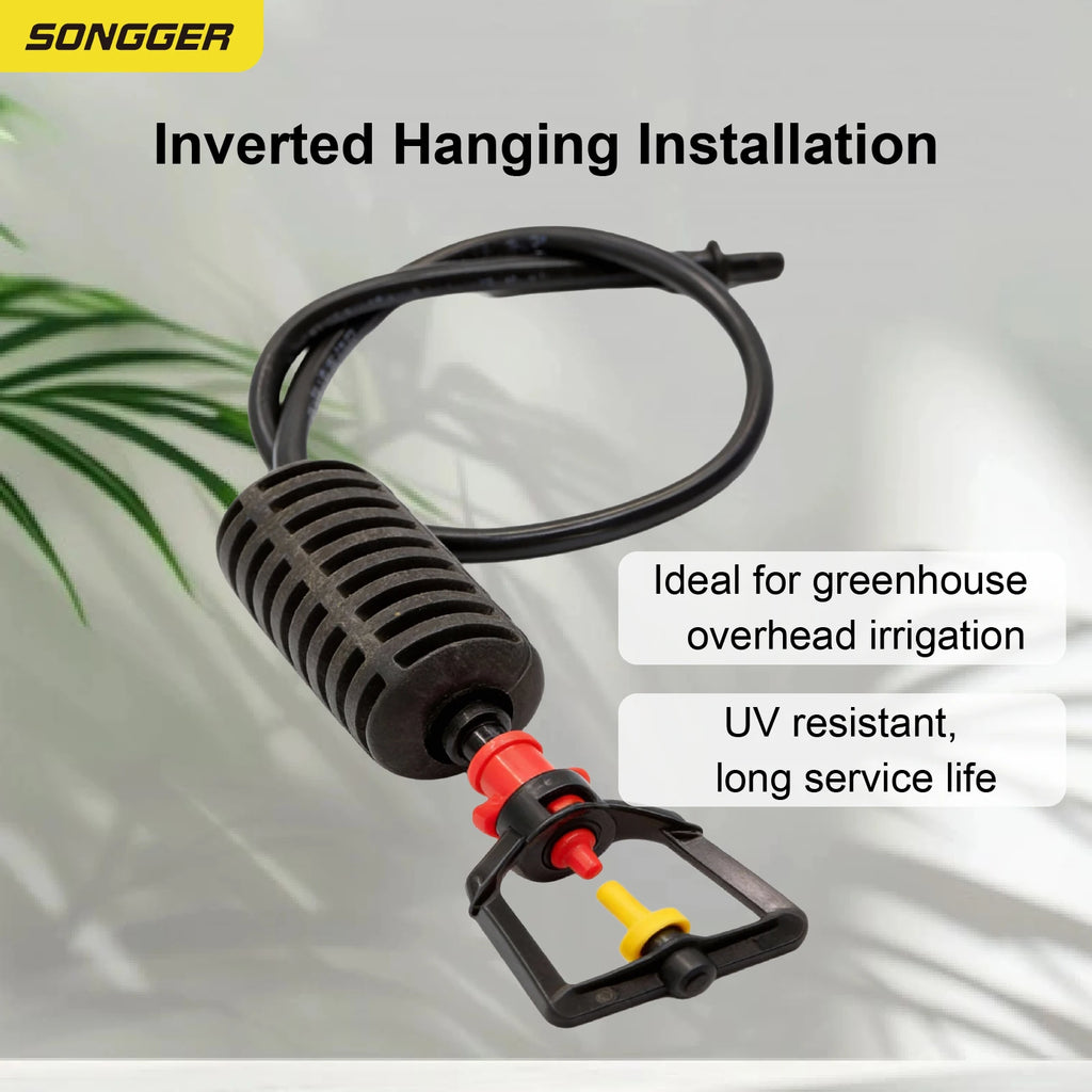 Inverted hanging micro sprinkler nozzle set with black hoses and red valve
