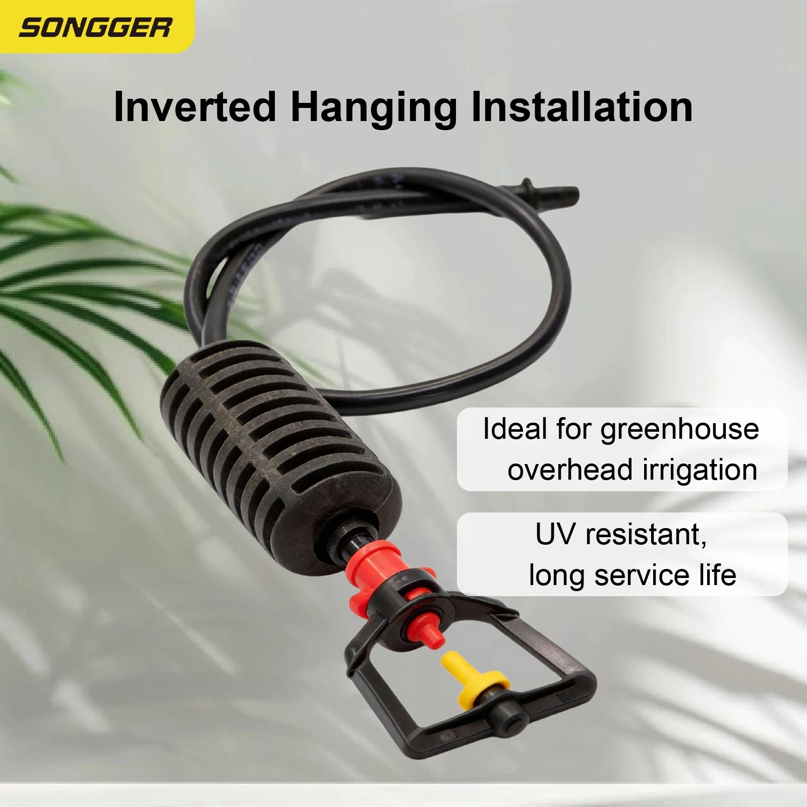 Inverted hanging micro sprinkler nozzle set with black hoses and red valve
