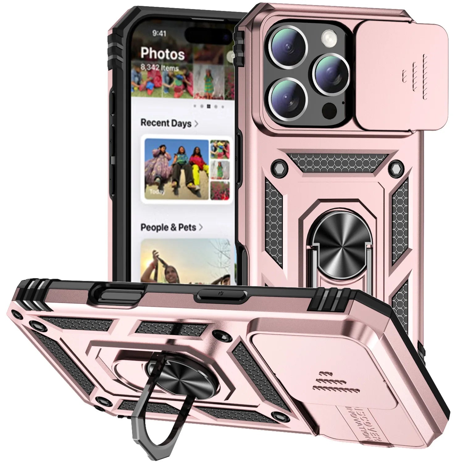 iPhone 16 Pro Max Case with Ring Stand and Lens Cover - Tidesmit Rose Gold Tidesmit