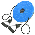 Blue plastic waist twisting disc with textured surface and attached black resistance bands with handles for exercise.