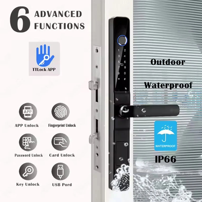 Slim 3.5cm Waterproof Aluminum Smart Door Lock with TTLock Bluetooth Fingerprint Password IC Card APP Control for Sliding Doors