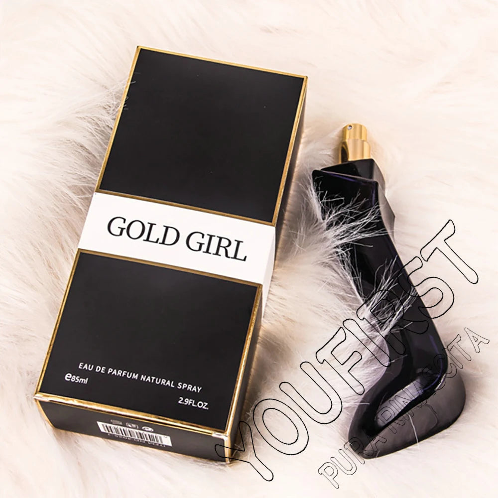 Gold Girl Eau de Parfum for women: elegant black stiletto bottle and box. Long-lasting floral scent, 85ml spray.