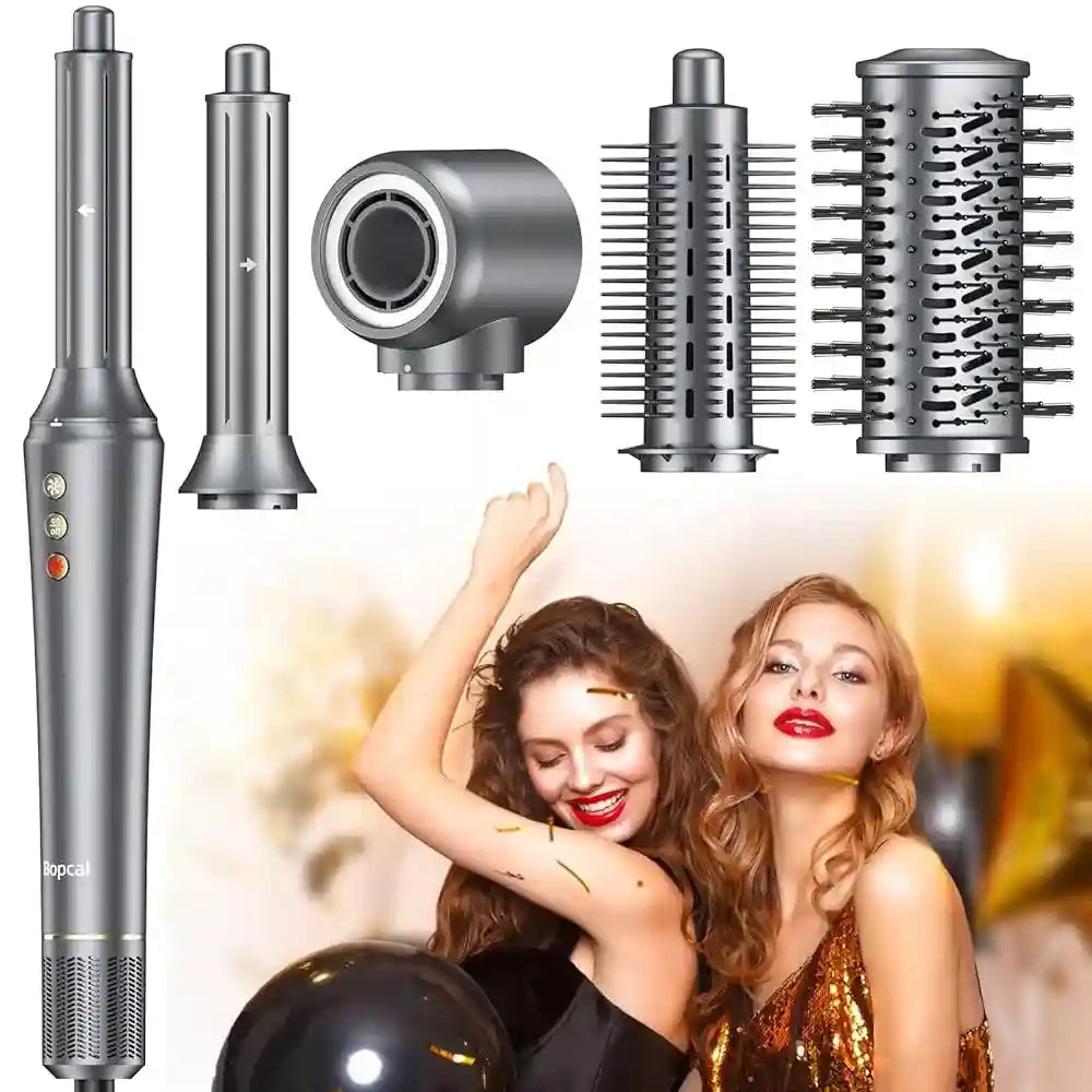 Bopcal 5-in-1 grey hair dryer and hot air styling brush set with curling attachments for professional hair styling.