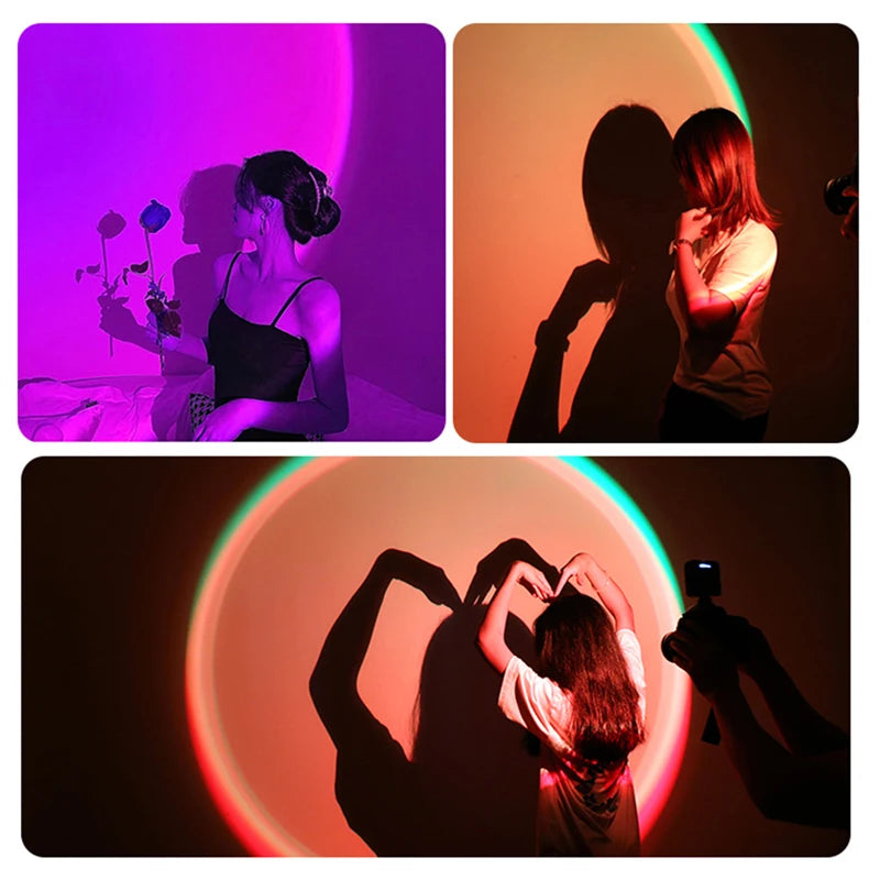 Sunset projection lamp casting round, multi-colored light rings on a wall to create ambient photography backgrounds.