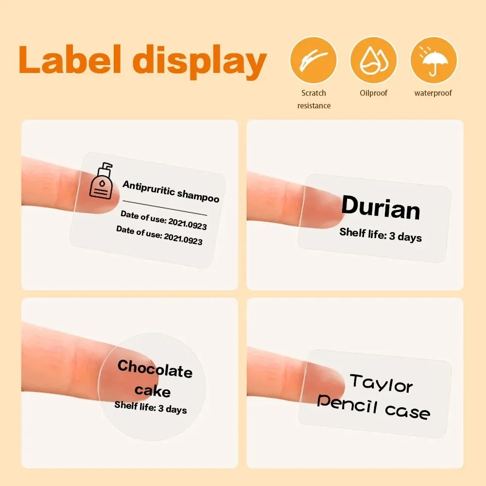 Transparent label sticker samples on fingers, multiple rectangular designs