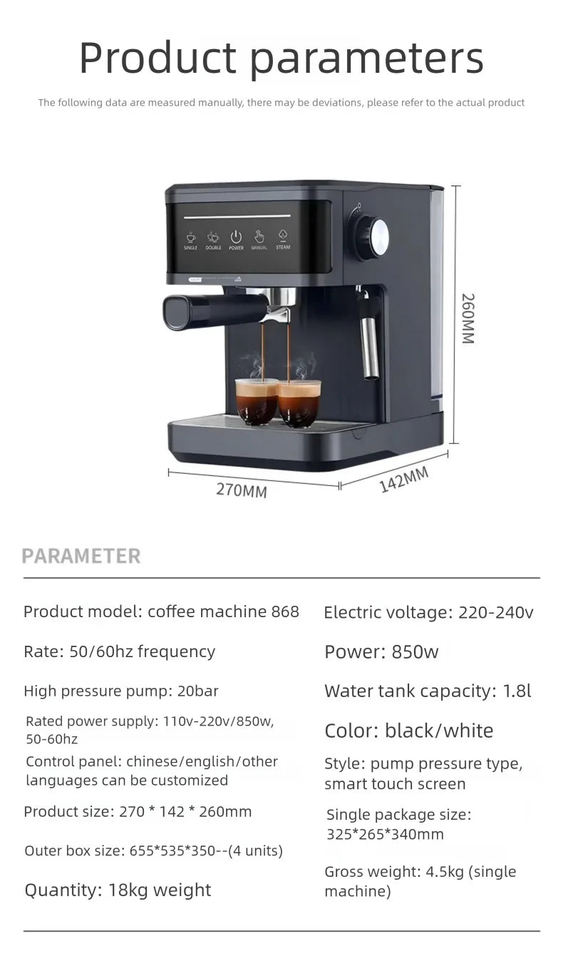 Black 850W espresso coffee maker with 20-bar pump, touch screen, 1.8L tank, and compact 270x142x260mm dimensions.