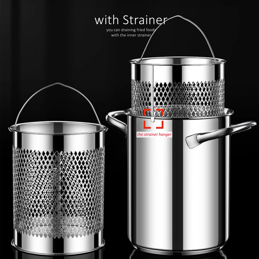 LFGB Certificated Pure 304 Stainless Steel Deep Fryer Oil Save Potato Chip Frying Pot Vegetable Noodle Stewing Pot with Strainer