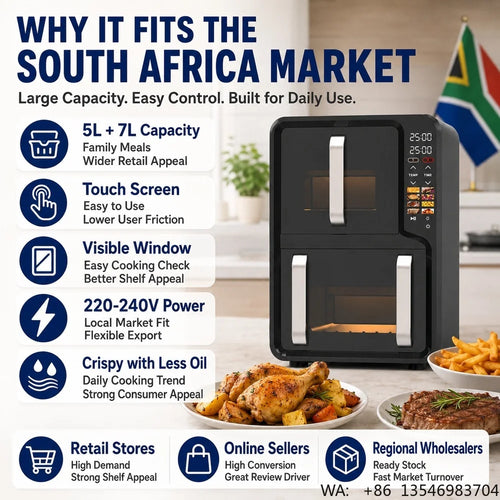 Black dual zone air fryer oven with touch screen control and front window