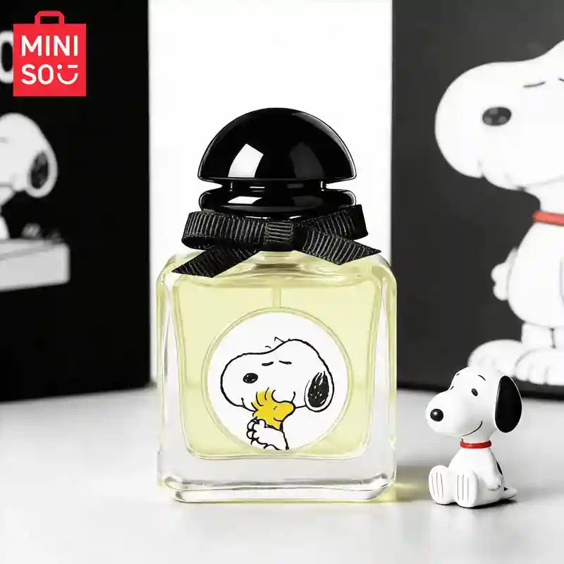 MINISO x Snoopy 50ml women's fruity floral perfume. Square glass bottle, black bow, round cap. Luxury gift for girls.