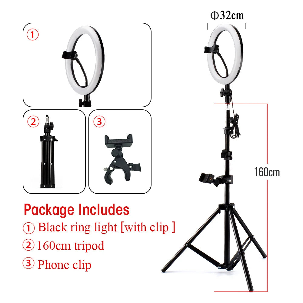 32cm black LED ring light with phone clip and 160cm tripod stand for photography and video recording.
