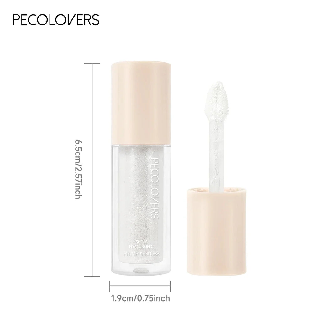 Pecolovers moisturizing clear glitter plumping lip gloss with wand applicator for a long-lasting, shiny mirror finish.