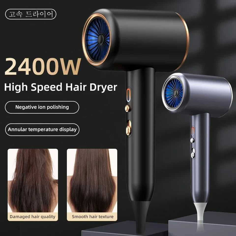 Black 2400W high-speed hair dryer with blue turbine, temperature display, and ion polishing for smooth salon-style hair.