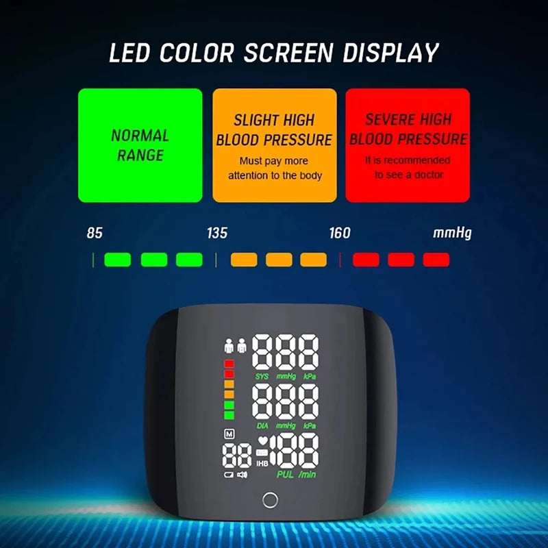 Recharge Digital Wrist Blood Pressure Monitor English Voice Sphygmomanometer Heart Rate Pulse Meter Medical Tonometer USB