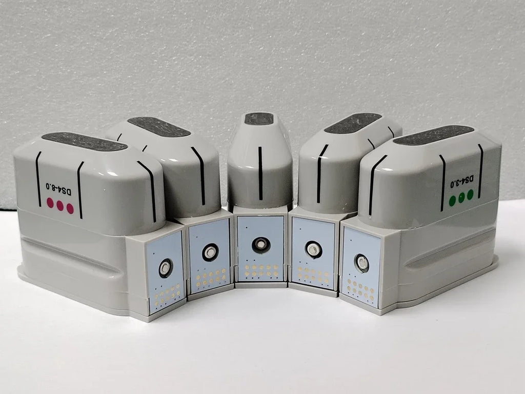 White HIFU cartridges for facial and body treatment in various depths (1.5mm to 13mm) with 10000 shots.