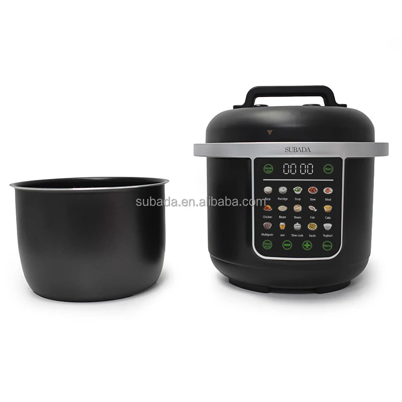 Black electric pressure cooker with inner pot and side control panel display