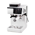 White espresso coffee machine with integrated grinder, touch control panel, stainless steel drip tray and steam wand.
