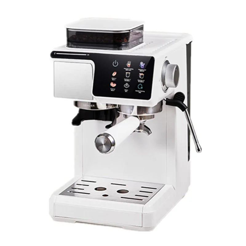 White espresso coffee machine with integrated grinder, touch control panel, stainless steel drip tray and steam wand.