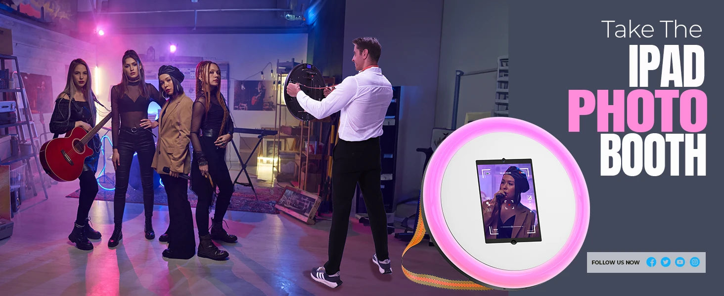 iPad photo booth with a circular pink LED light frame and a tablet screen, used for capturing social media content.