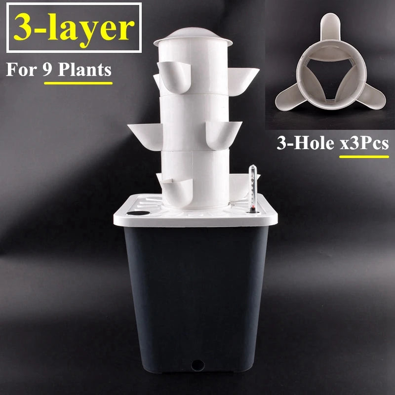 3-tier vertical hydroponic vegetable planter tower in white with multiple planting cups over black base