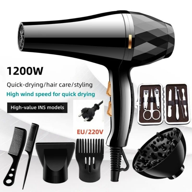 Black 1200W professional hair dryer set with diffuser, styling nozzle, combs, and manicure kit for quick drying.
