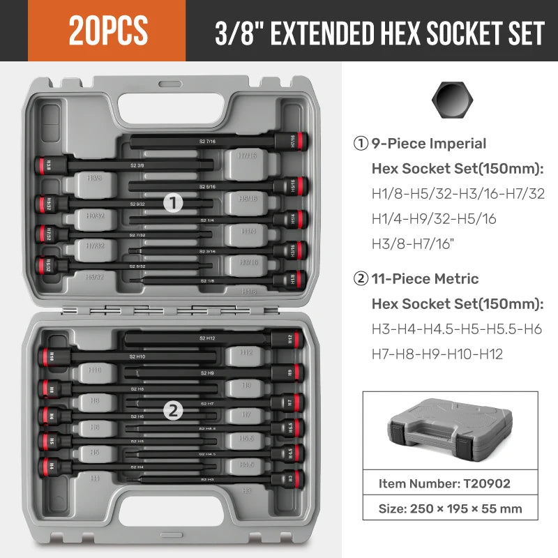 Hi-Spec 3/8 Impact Socket Set Wrench Socket Hex Socket Set S2 Bits & CR-V Sockets Hand Tools Torx Bit Long Socket Colorful Ring