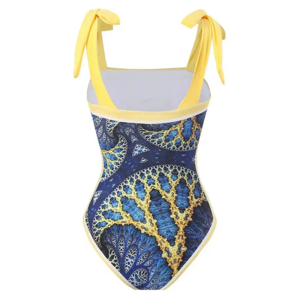 2Pcs/Set Women Monokini Suit Vintage Print One-Piece Square Neck Tie Swimsuit With Skirt Sling Lady Swimsuit With Beach Cover Up