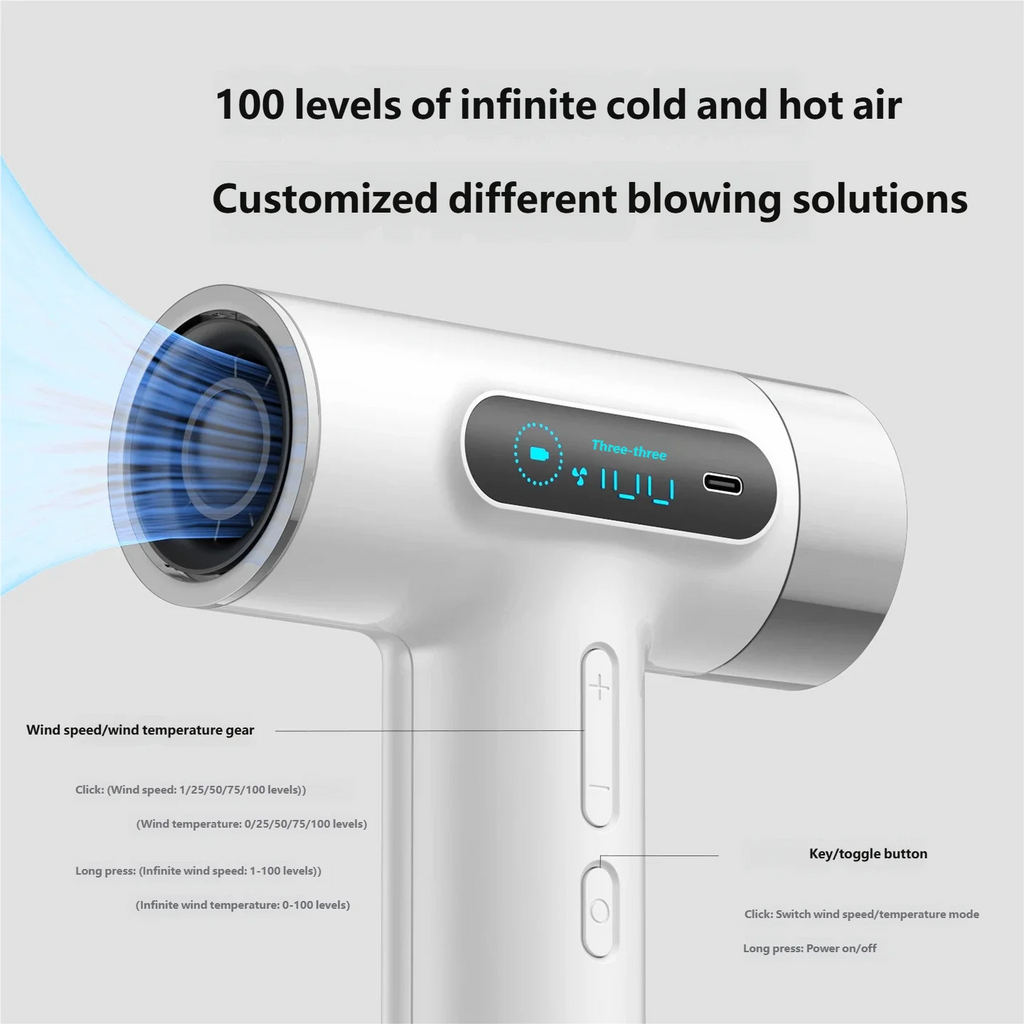 White cordless hair dryer with USB-C charging, digital display, 100 heat levels, and portable design for dorm use.