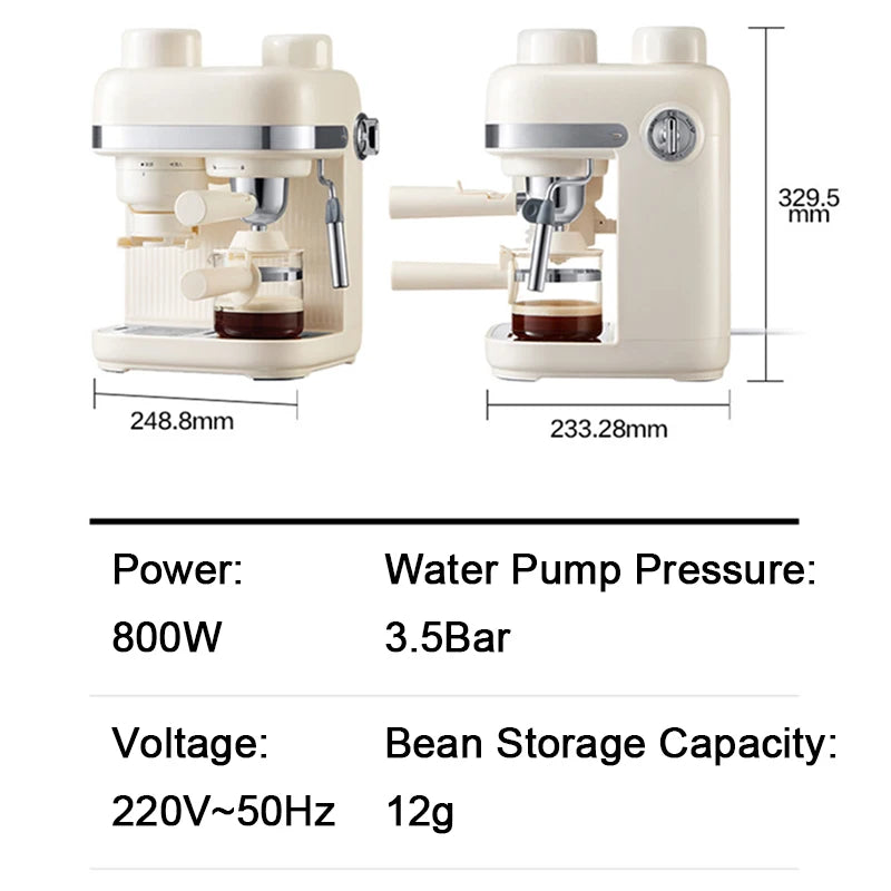 Cream-colored 800W espresso coffee maker with 3.5 bar pressure pump, glass carafe, and vintage aesthetic design.