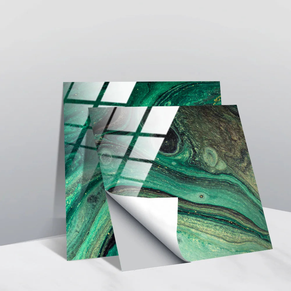Self-adhesive faux tile wall stickers, green marble swirl with white grid squares