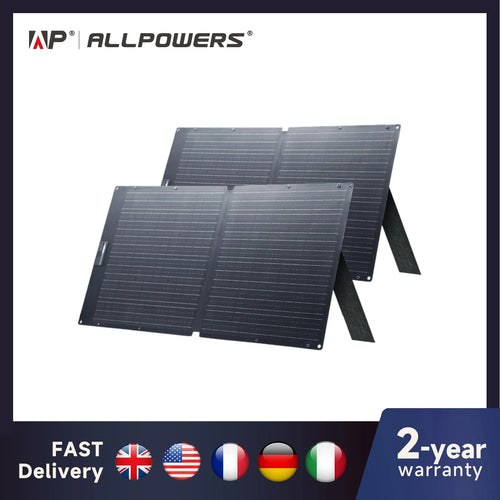 Two black, foldable monocrystalline solar panels standing on kickstands against a white background.