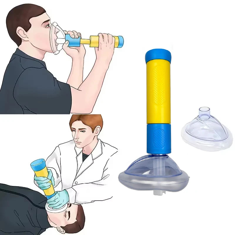 Yellow and blue anti-choking emergency suction device with clear face mask for adults and children.
